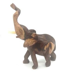 Burl Wood Hand Carved Wood Trunk Up Elephant Figurine Statue GOOD LUCK
